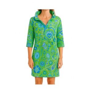 GRETCHEN SCOTT Arabesque Floral Shift Dress Green Blue 3/4 Sleeve Size M READ